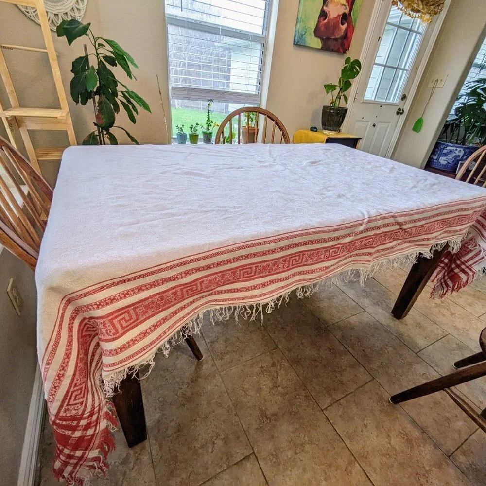 White & Red Linen Fringe Vintage Tablecloth